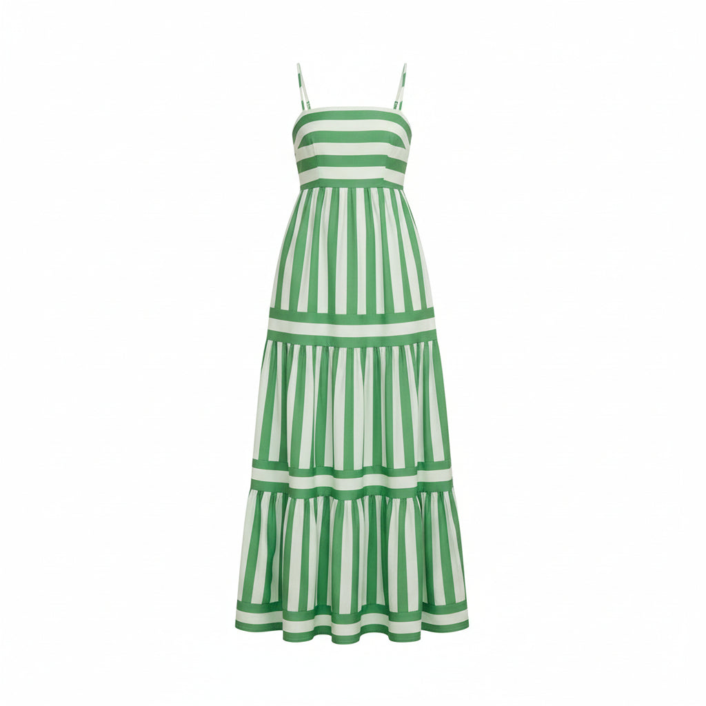 Woman wearing a green and white striped dress standing in front of a gray wall with sunflowers in a vase.