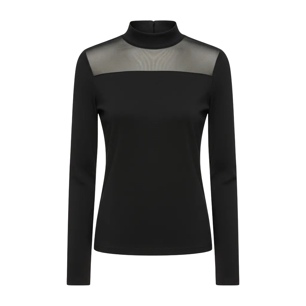 Black mesh long-sleeve top worn by a person, with an inset of flame-like design.