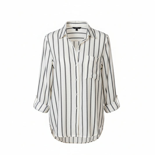 Woman wearing a striped shirt and jeans on a white background