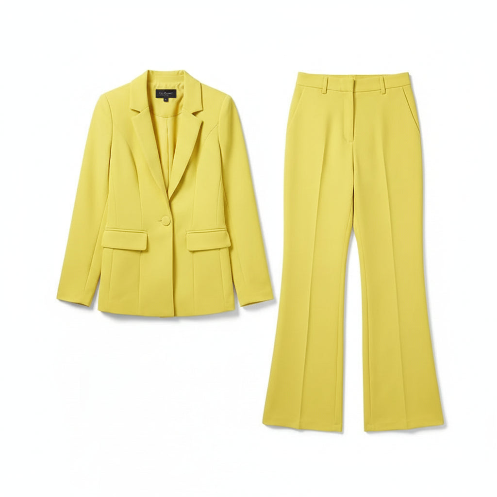 Person wearing a bright yellow suit against a white background