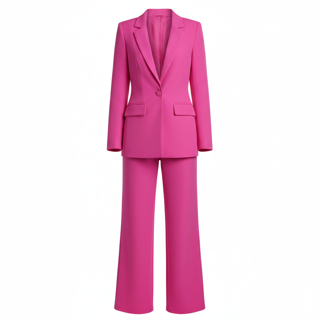 Person wearing a bright pink suit against a plain background