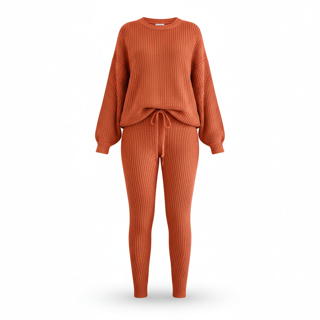 Person wearing an orange knit outfit with a beige sofa and white curtains in the background
