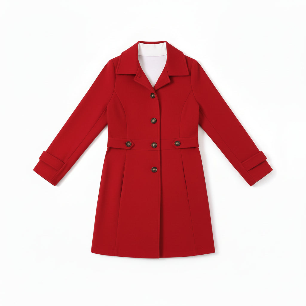 Woman wearing a red coat holding a coffee cup indoors.