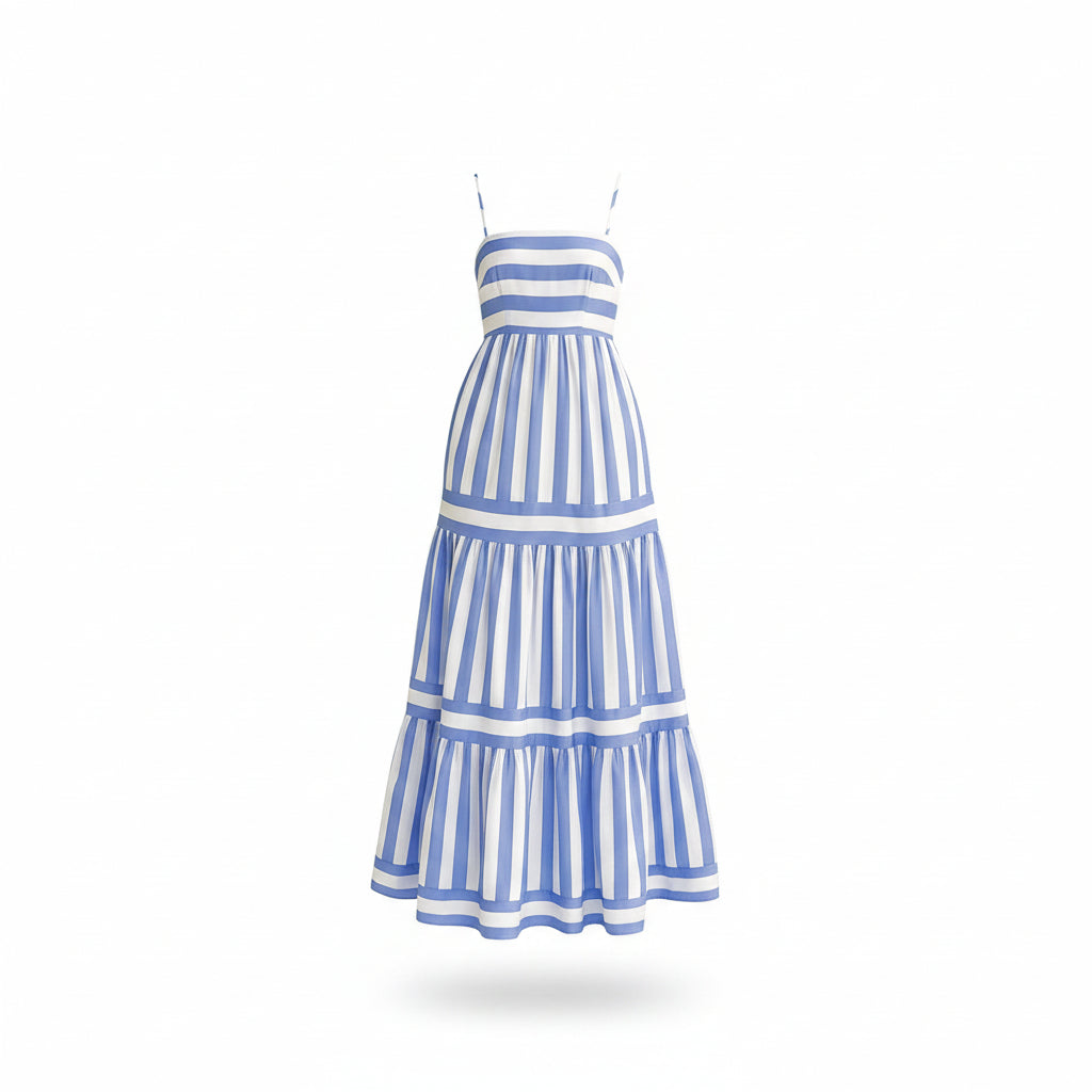 Woman wearing a blue and white striped dress with sunflowers in the background.