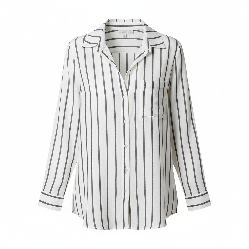 Woman wearing a striped shirt and jeans on a white background