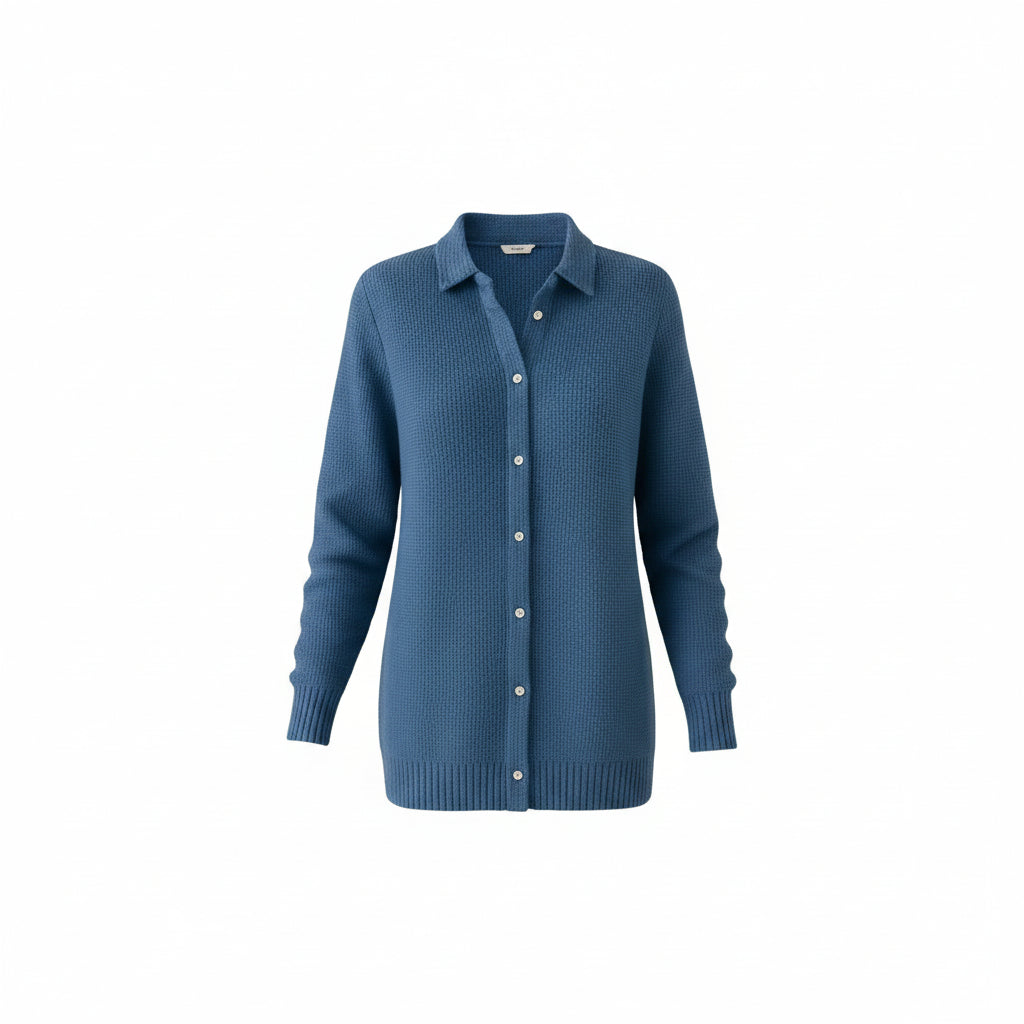 Blue button-up sweater worn by a person with color swatches of other sweaters in the corner.