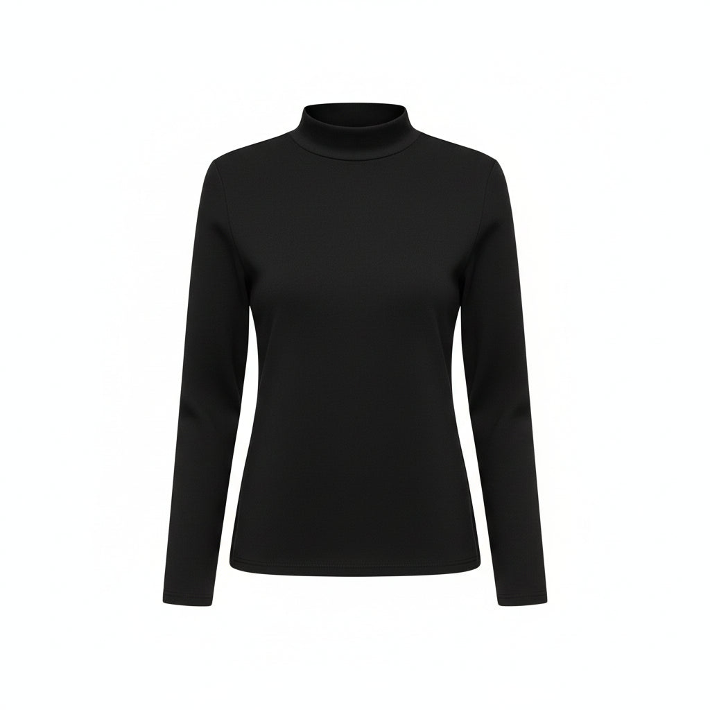 Woman wearing a black long-sleeve top with a blurred background