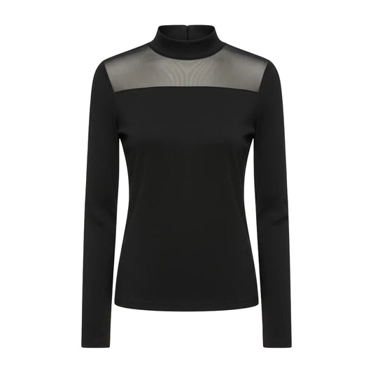 Black mesh long-sleeve top worn by a person, with an inset of flame-like design.