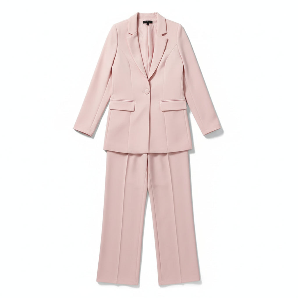 Person wearing a light pink suit against a plain background