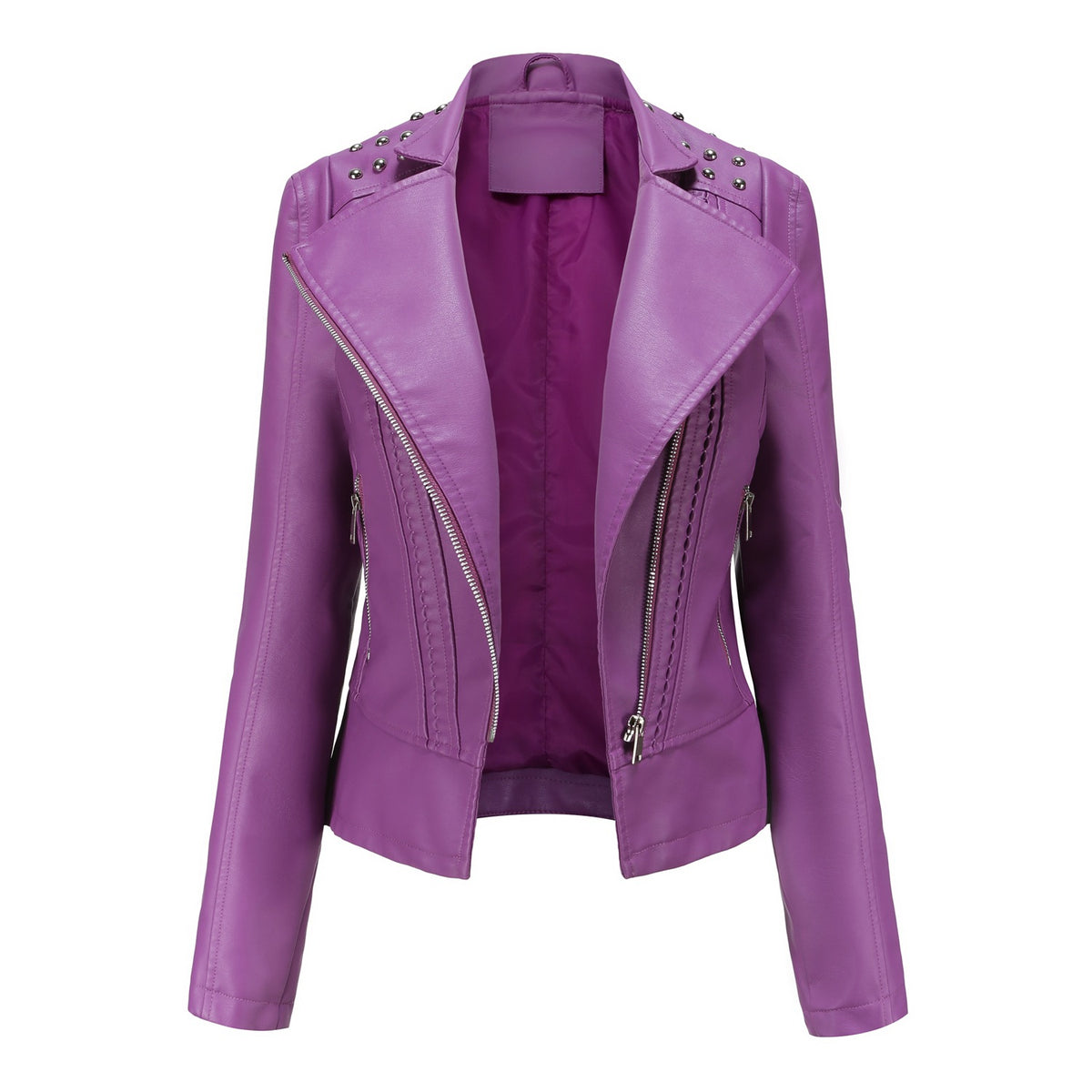 Purple leather jacket with studded details on a white background