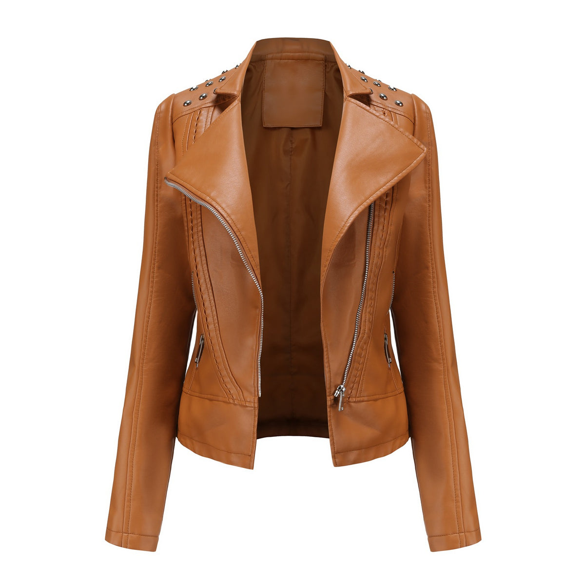 Brown leather jacket with studded details on a white background