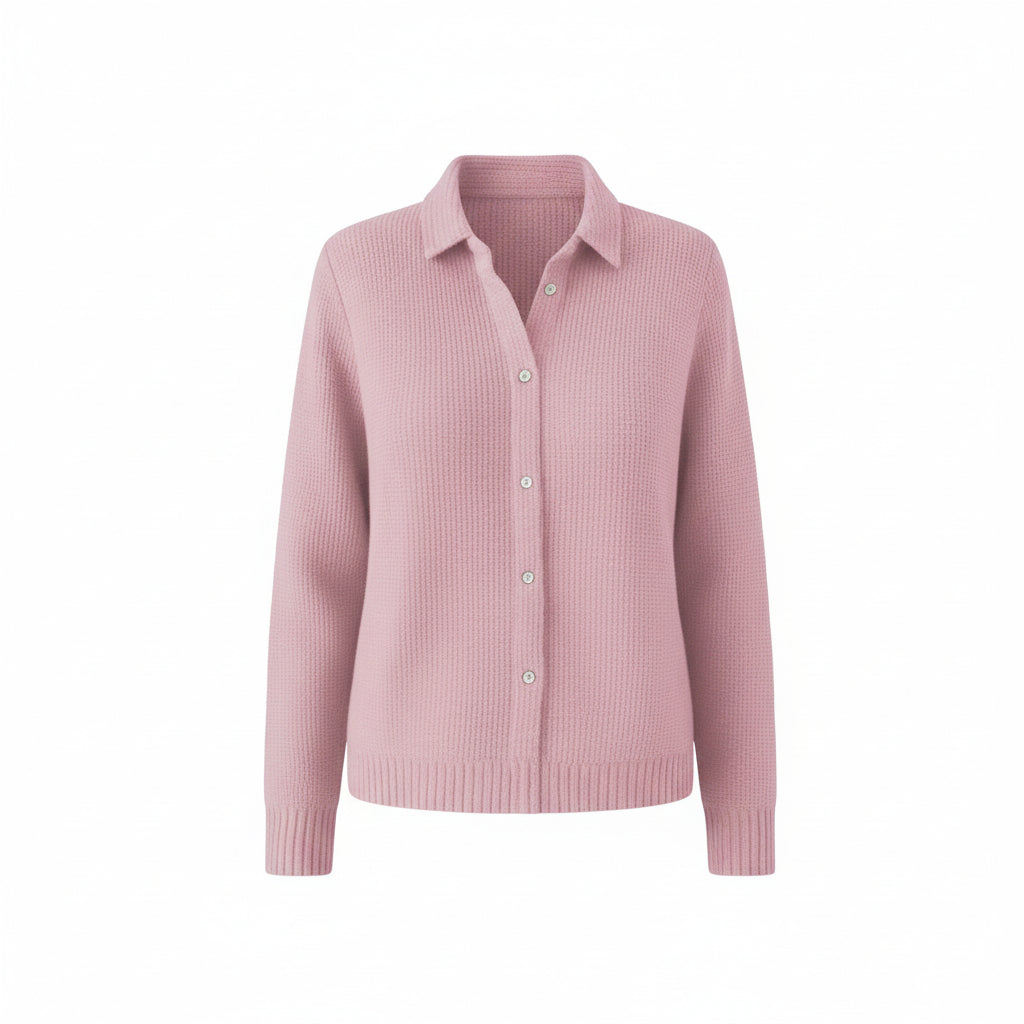 Pink ribbed sweater worn by a person with color swatches of other sweater colors on the left.