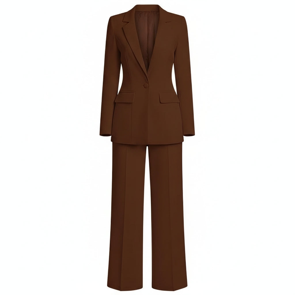 Brown suit worn by a person on a white background