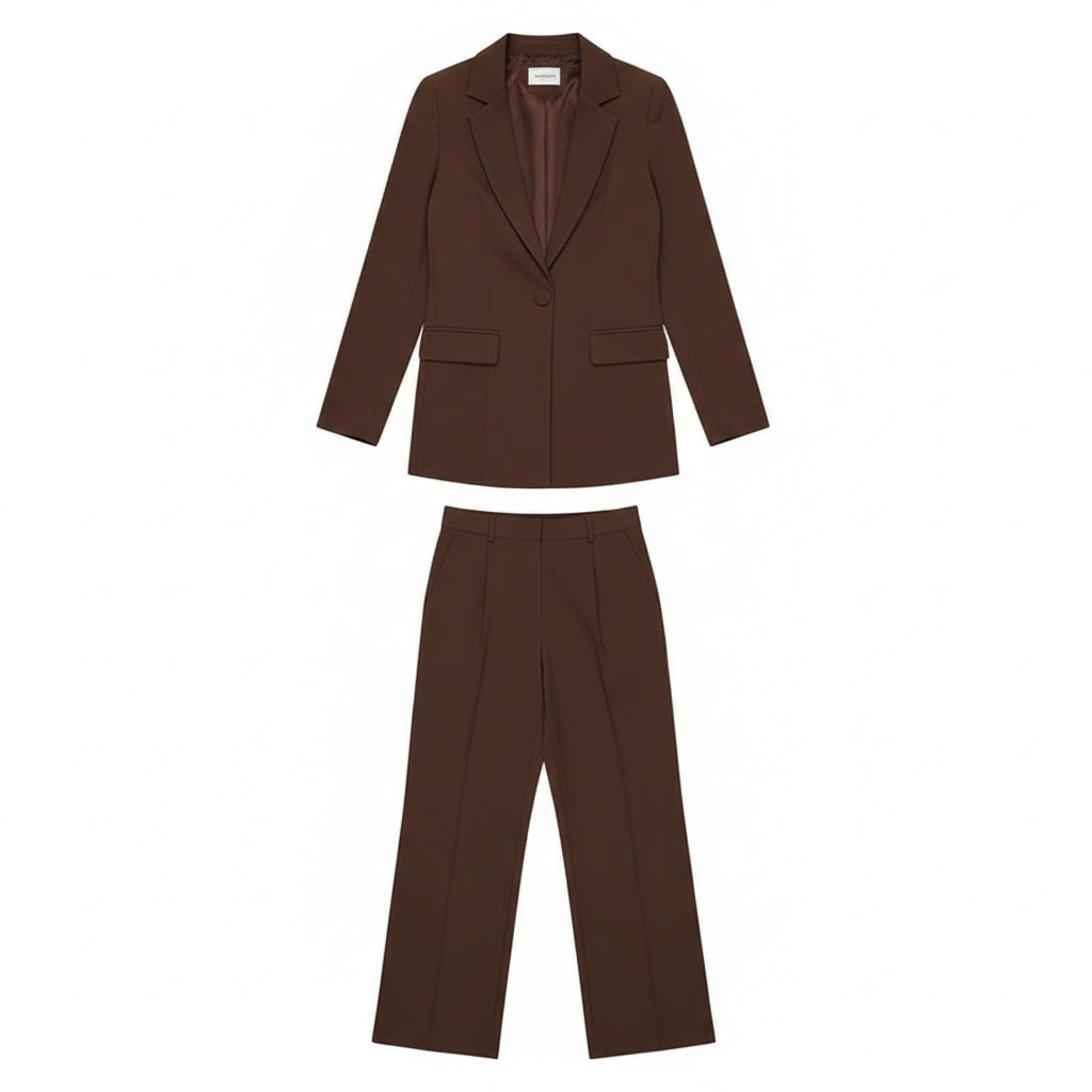 Brown suit worn by a person on a white background