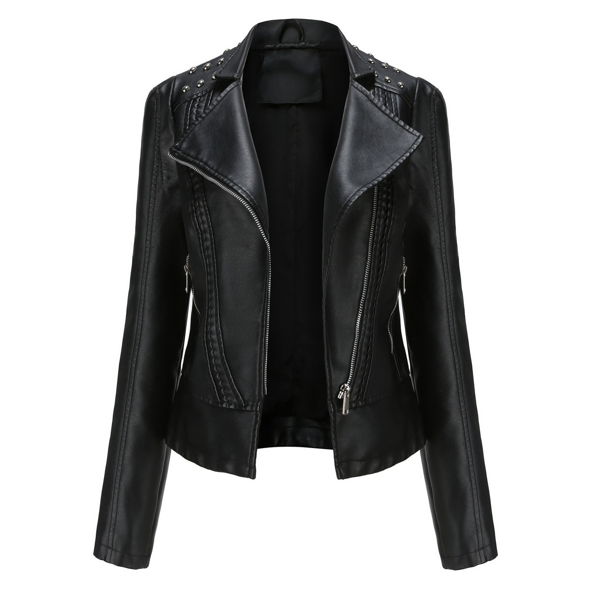 Black leather jacket with studded details on a white background
