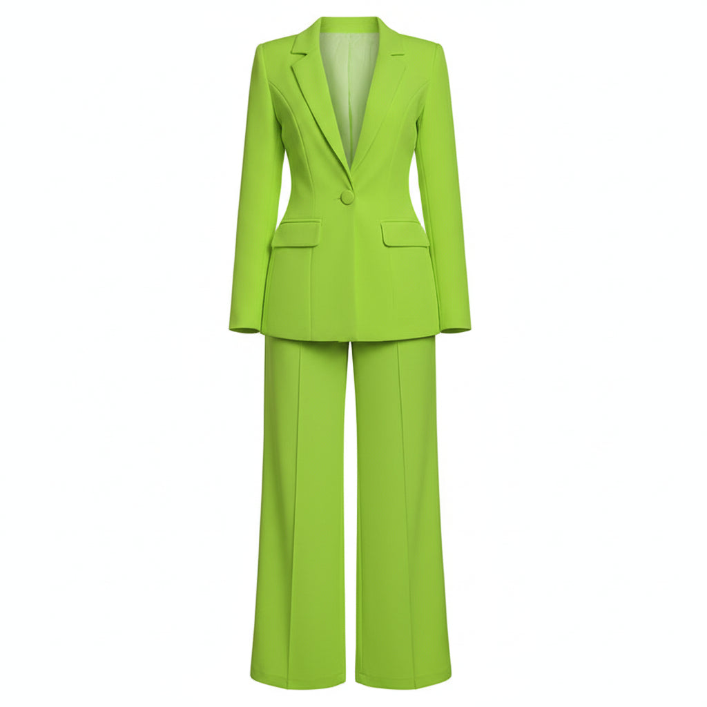 Person wearing a bright green suit against a white background