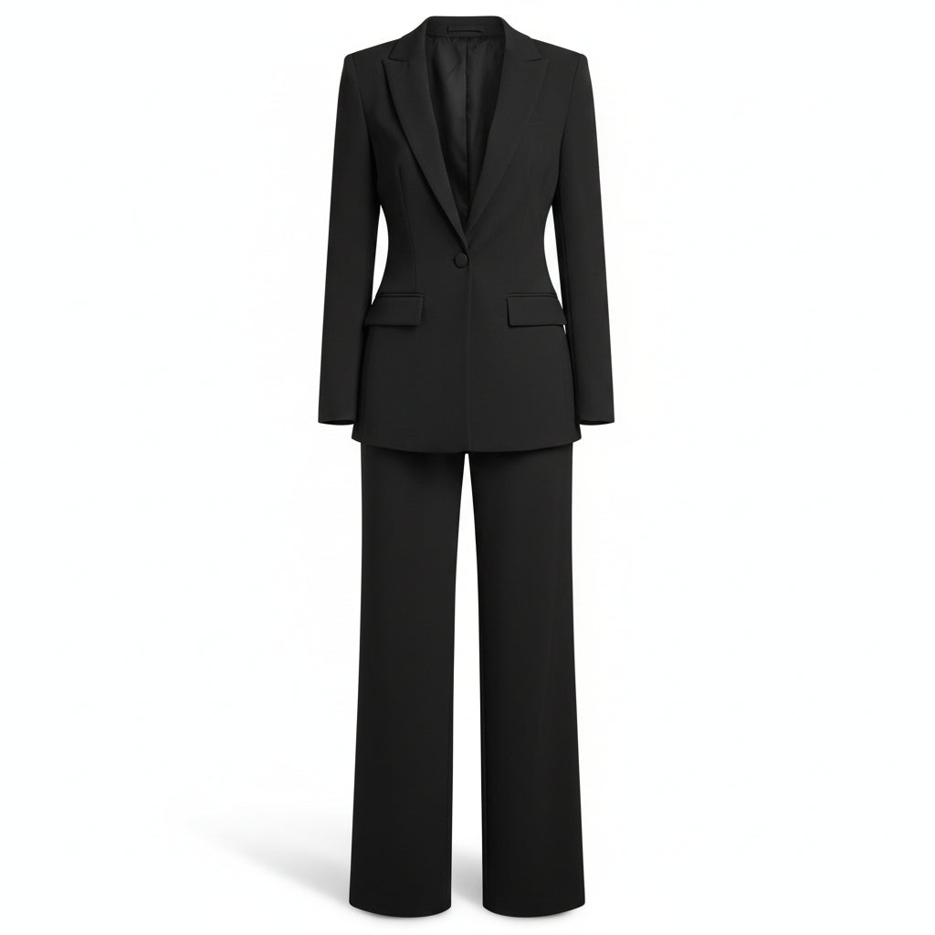 Black suit worn by a model against a white draped curtain background