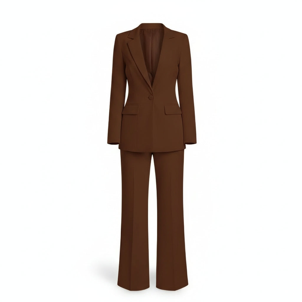 Brown suit worn by a person on a white background
