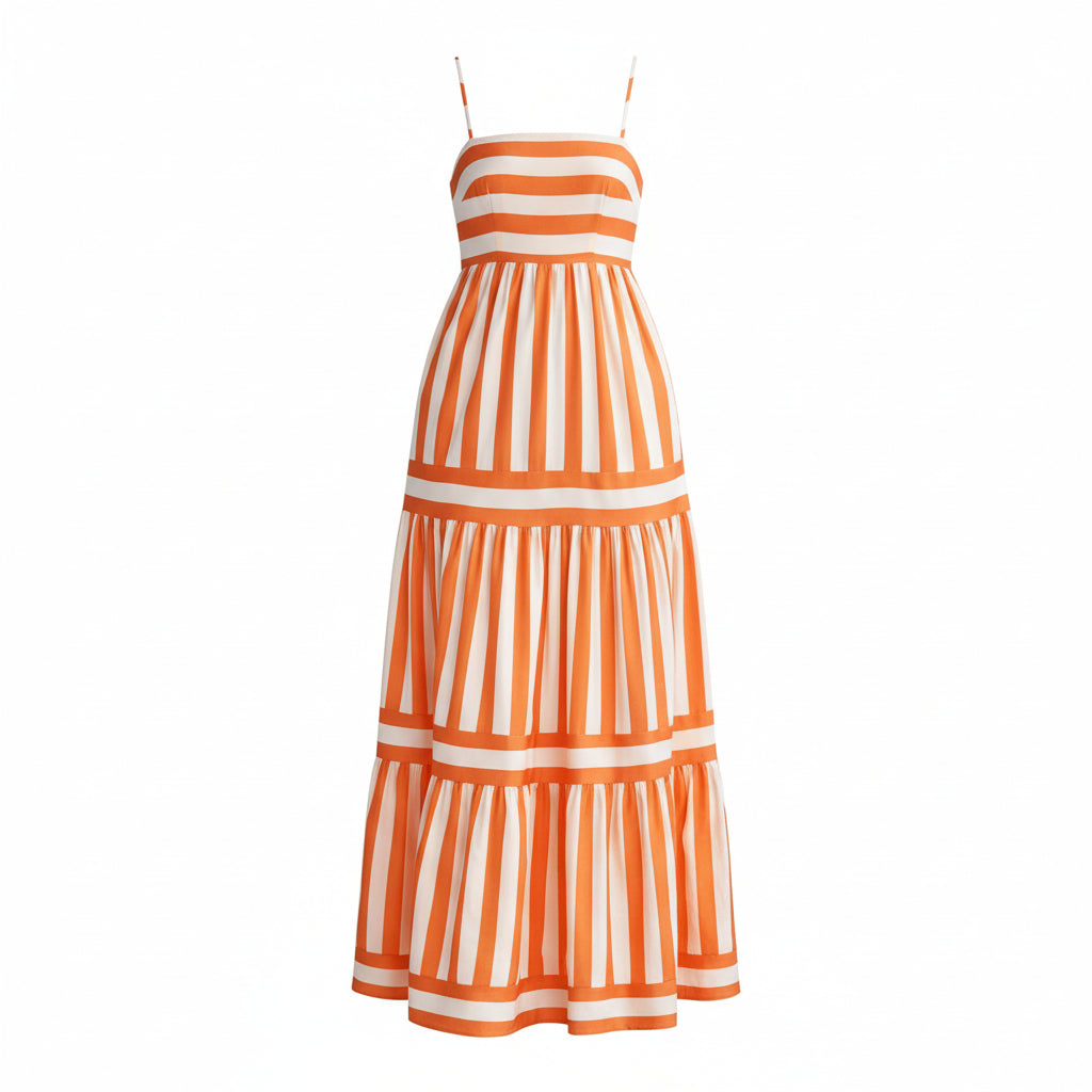 Woman wearing an orange and white striped dress standing next to a vase with sunflowers.