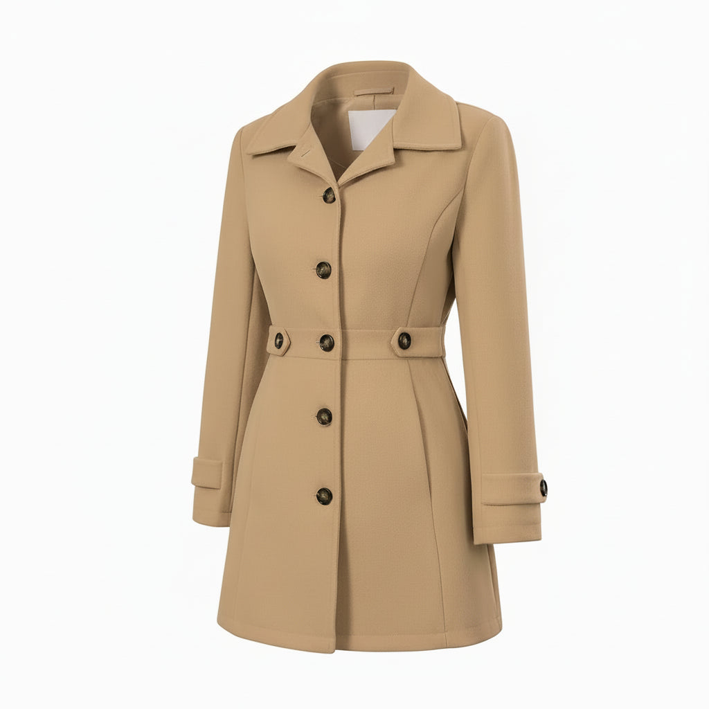 Woman wearing a beige trench coat holding a coffee cup and a handbag.