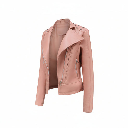 Pink leather jacket with multiple color options displayed on a white background