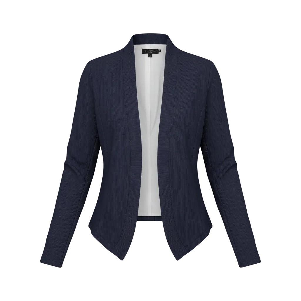 Woman taking a mirror selfie wearing a navy blazer and white top.