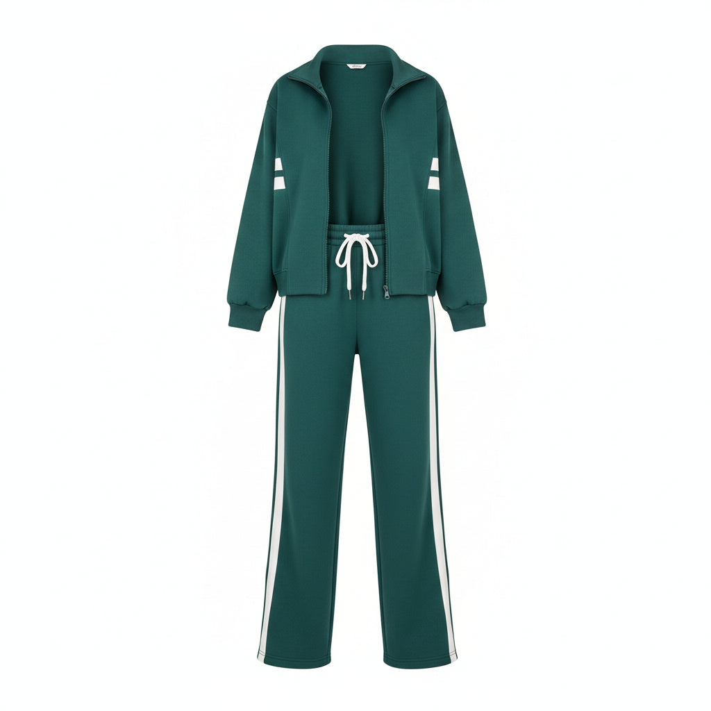 Person wearing a green tracksuit with white stripes in an indoor setting.