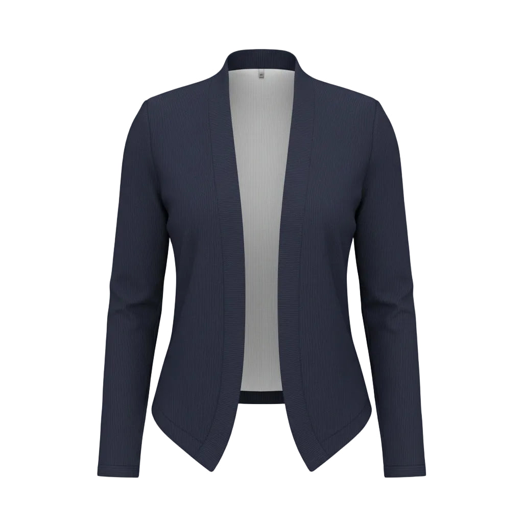 Woman taking a mirror selfie wearing a navy blazer and white top.