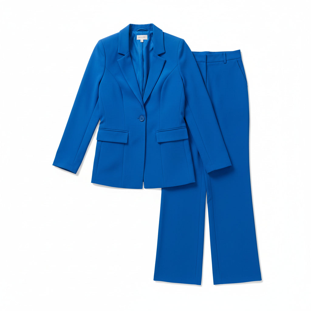 Blue suit worn by a person against a white background