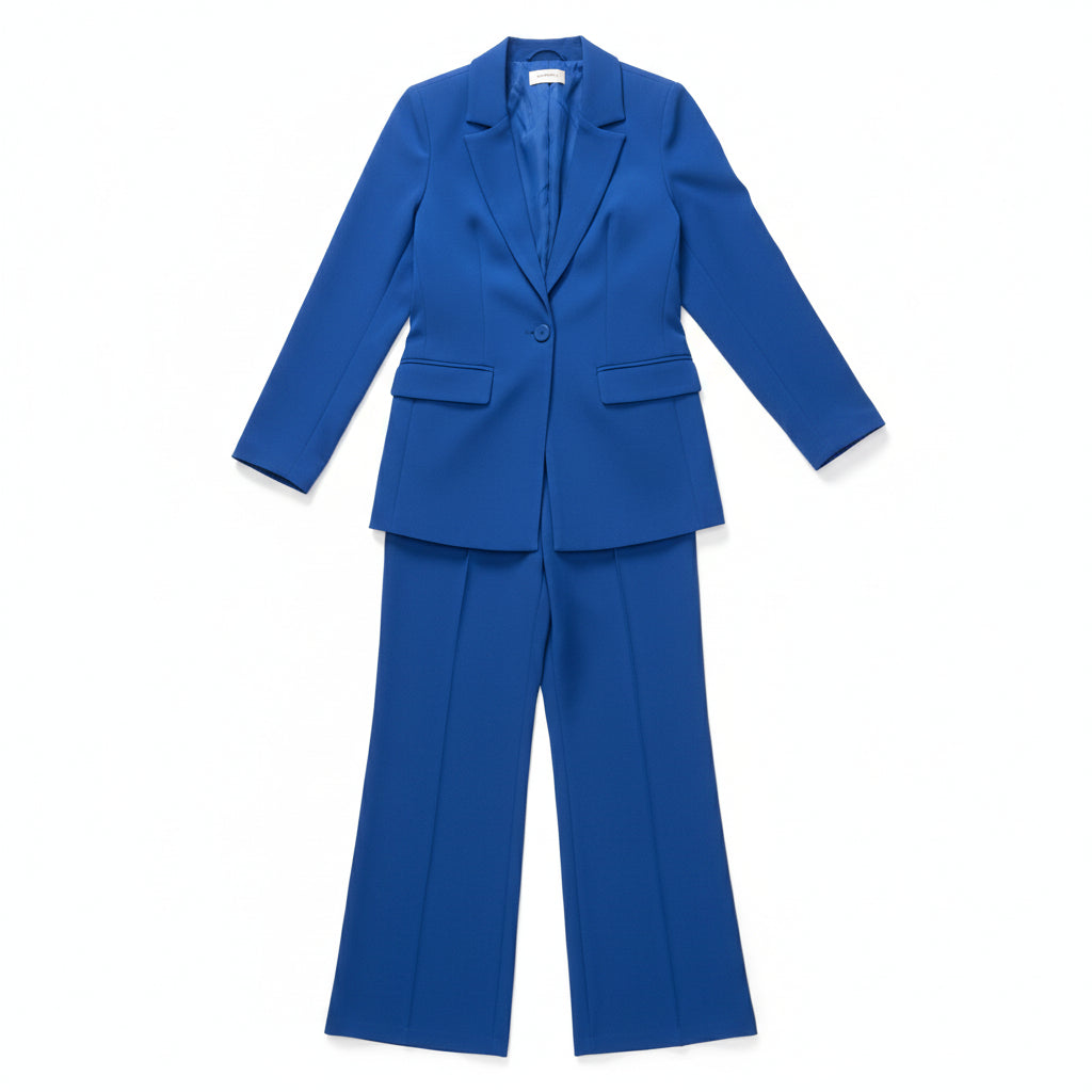 Blue suit worn by a person against a white background