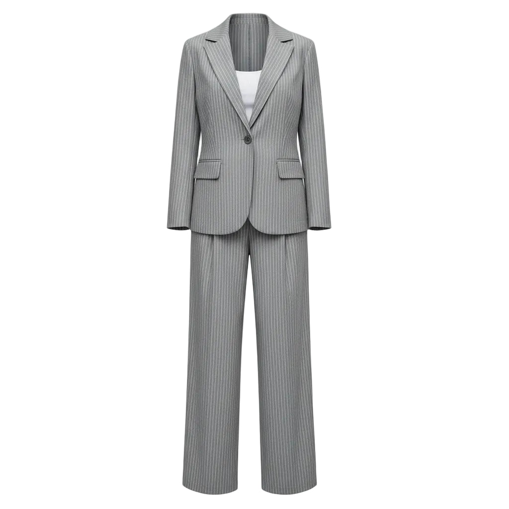Person wearing a gray pinstripe suit with a white top outdoors.
