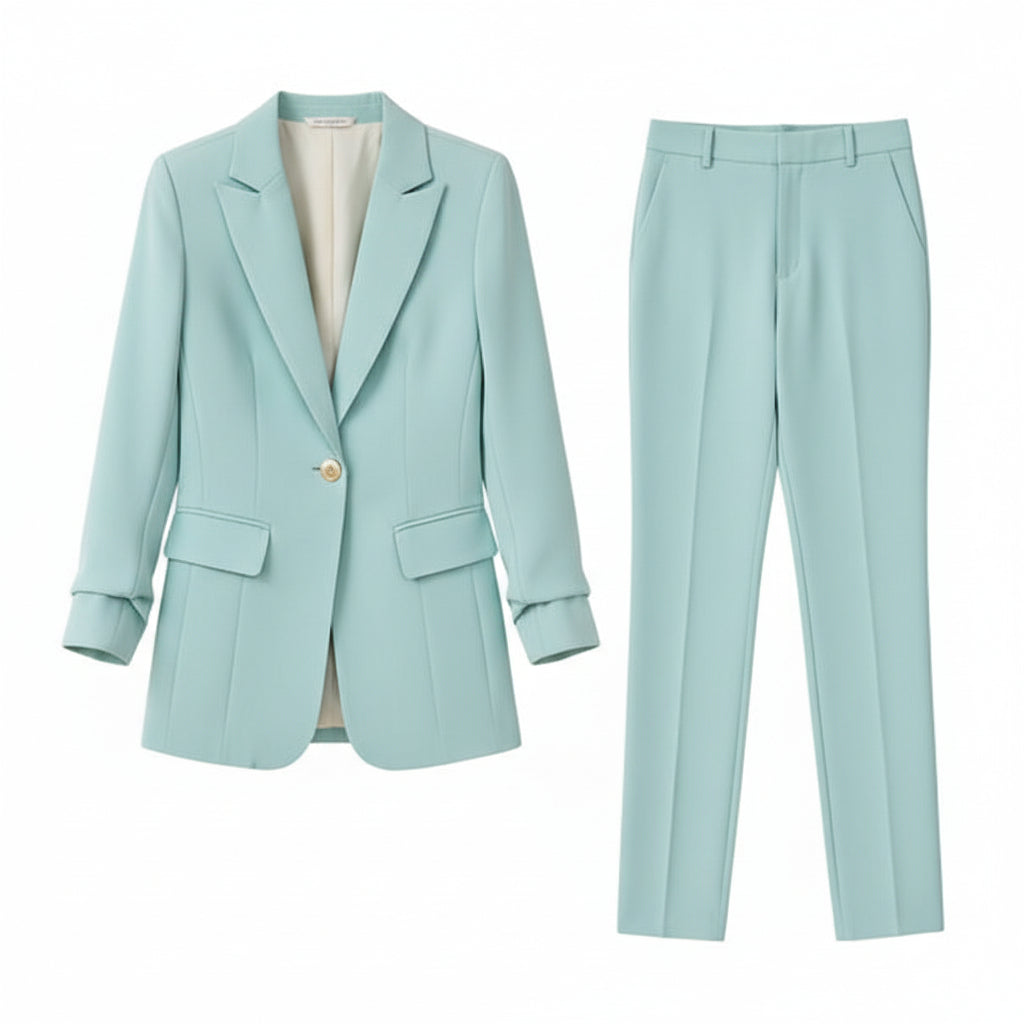 Mint green suit with pants worn by a model indoors.