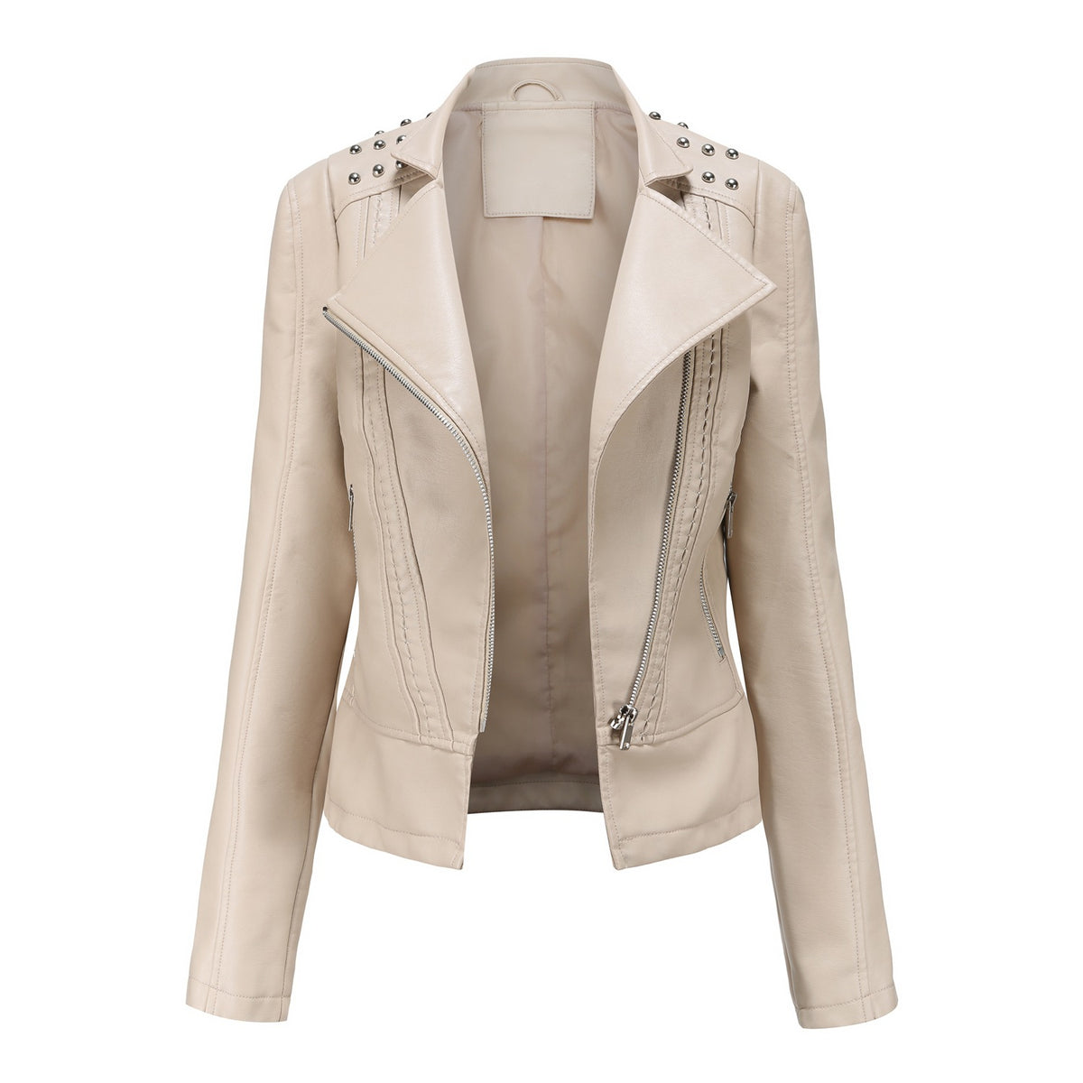 Beige leather jacket with studded details on a white background