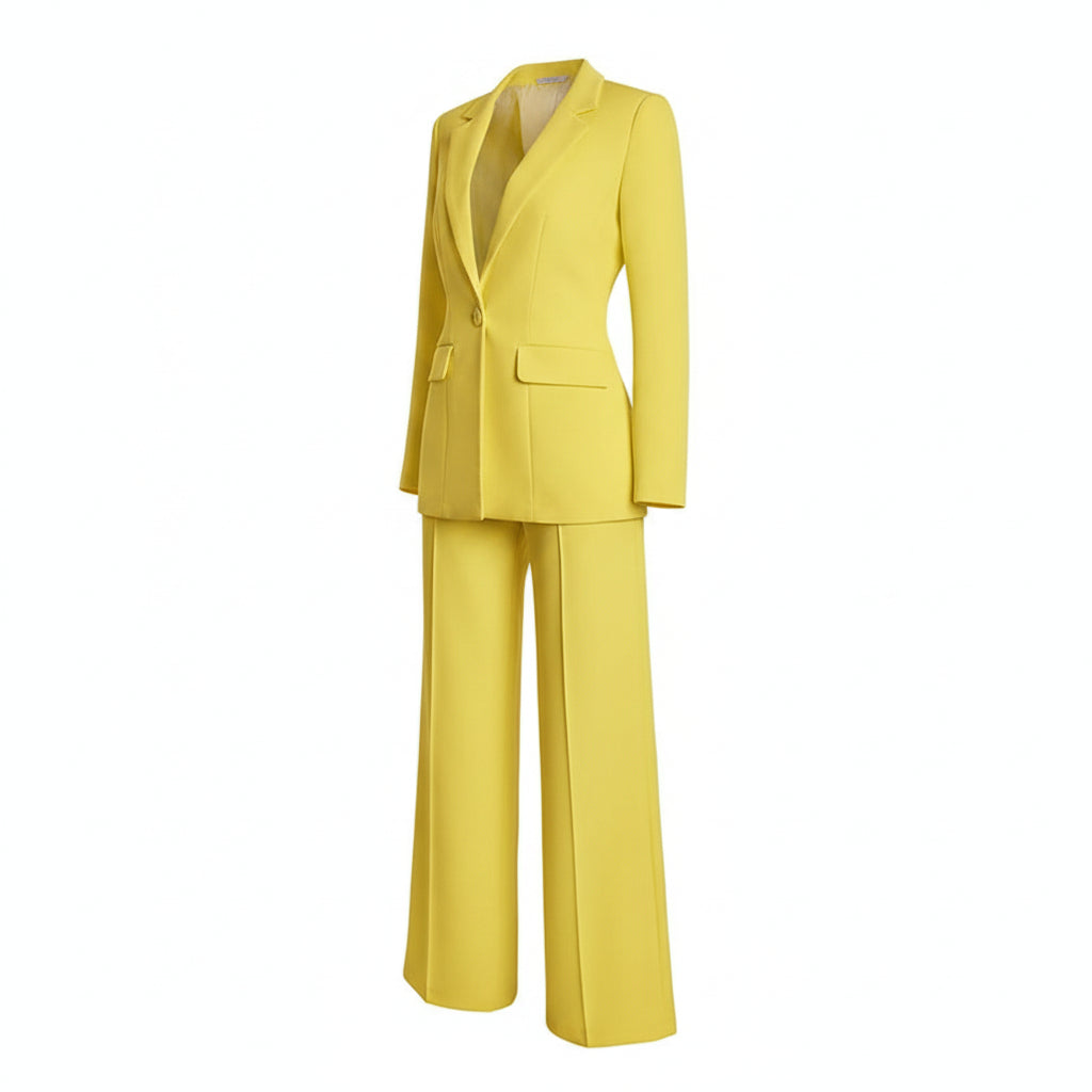 Person wearing a bright yellow suit against a plain background