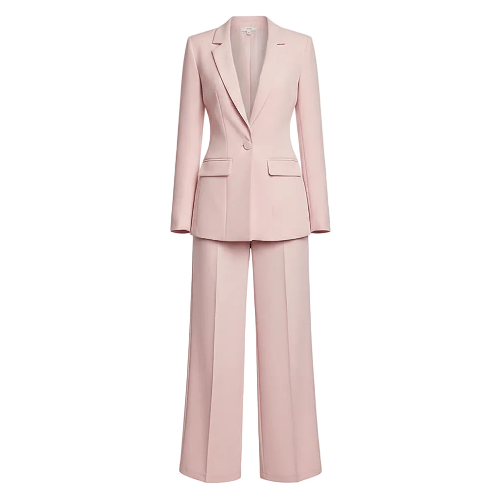 Person wearing a light pink suit against a plain background