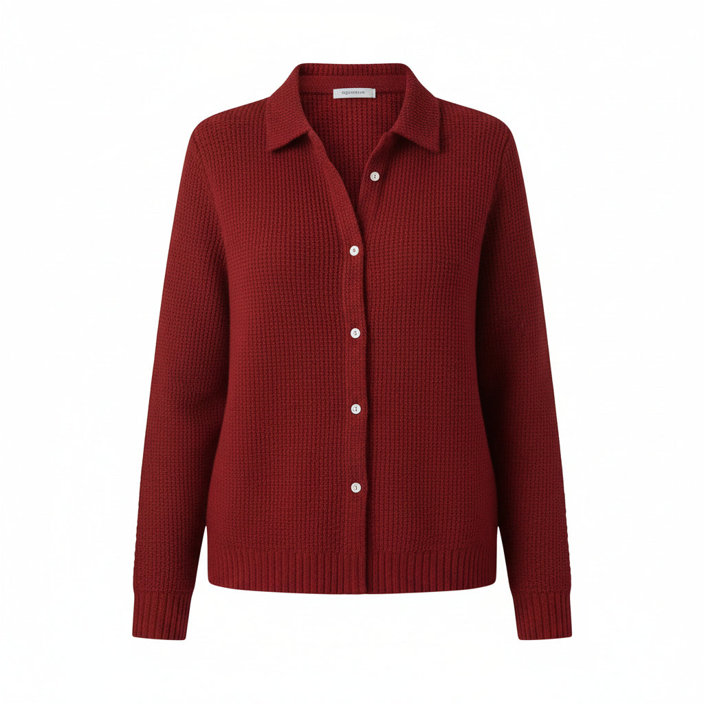 Red button-up sweater worn by a person with color swatches of other sweater colors above.