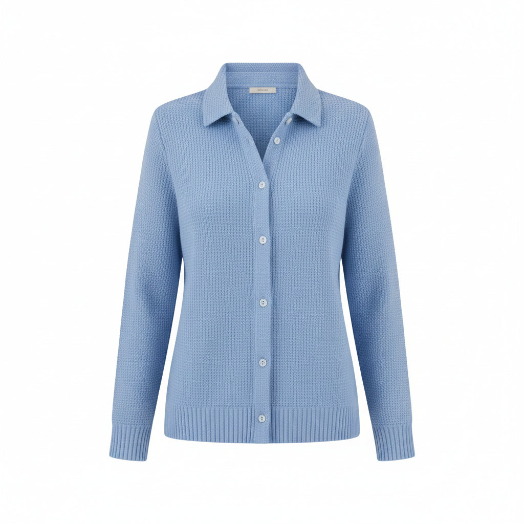 Light blue button-up sweater worn by a person with color swatches of other sweater colors on the side.