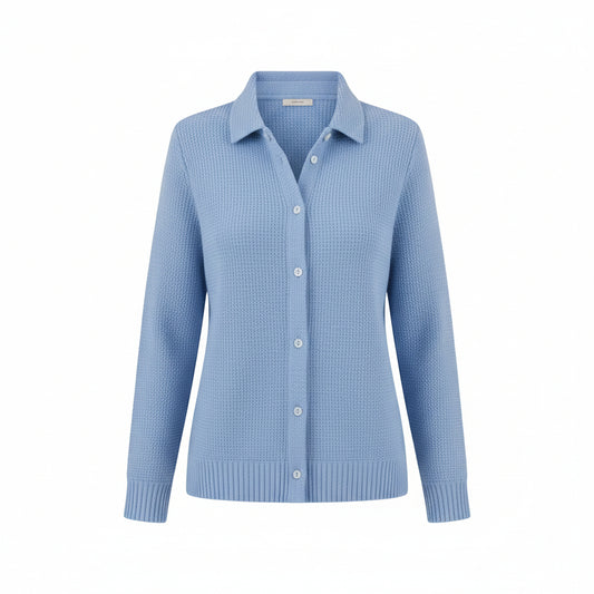 Light blue button-up sweater worn by a person with color swatches of other sweater colors on the side.